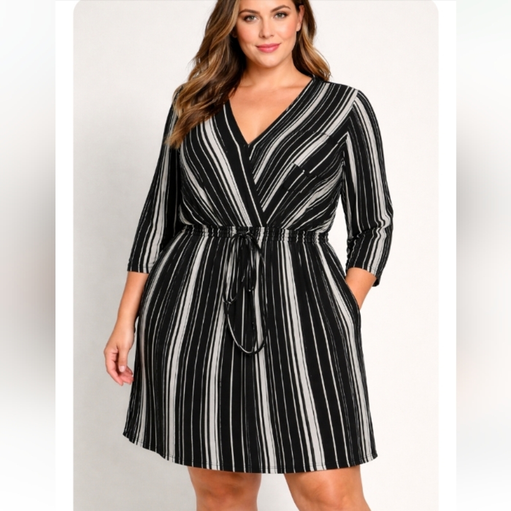 Cato Black & White Striped Dress 22/24W | Wrap Style Tie Waist Pockets